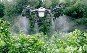 A drone sprays crops in a lush green field, surrounded by trees.